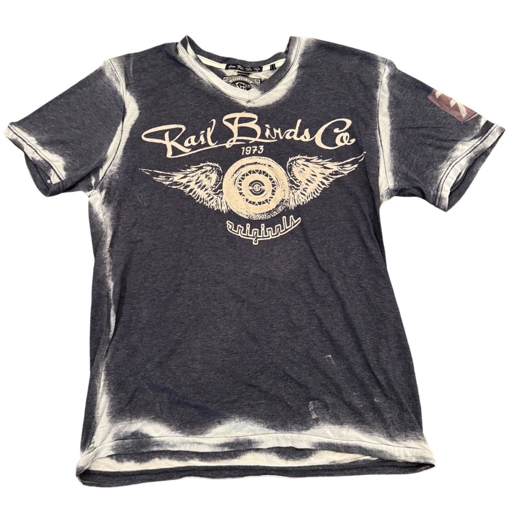 Buffalo David Bitton Rail Birds Co Graphic T-Shirt Gray Acid Wash V-Neck Mens L